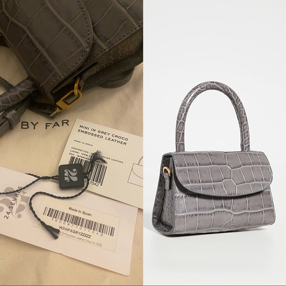 By Far grey mini crossbody handle tote bag crocodile effect